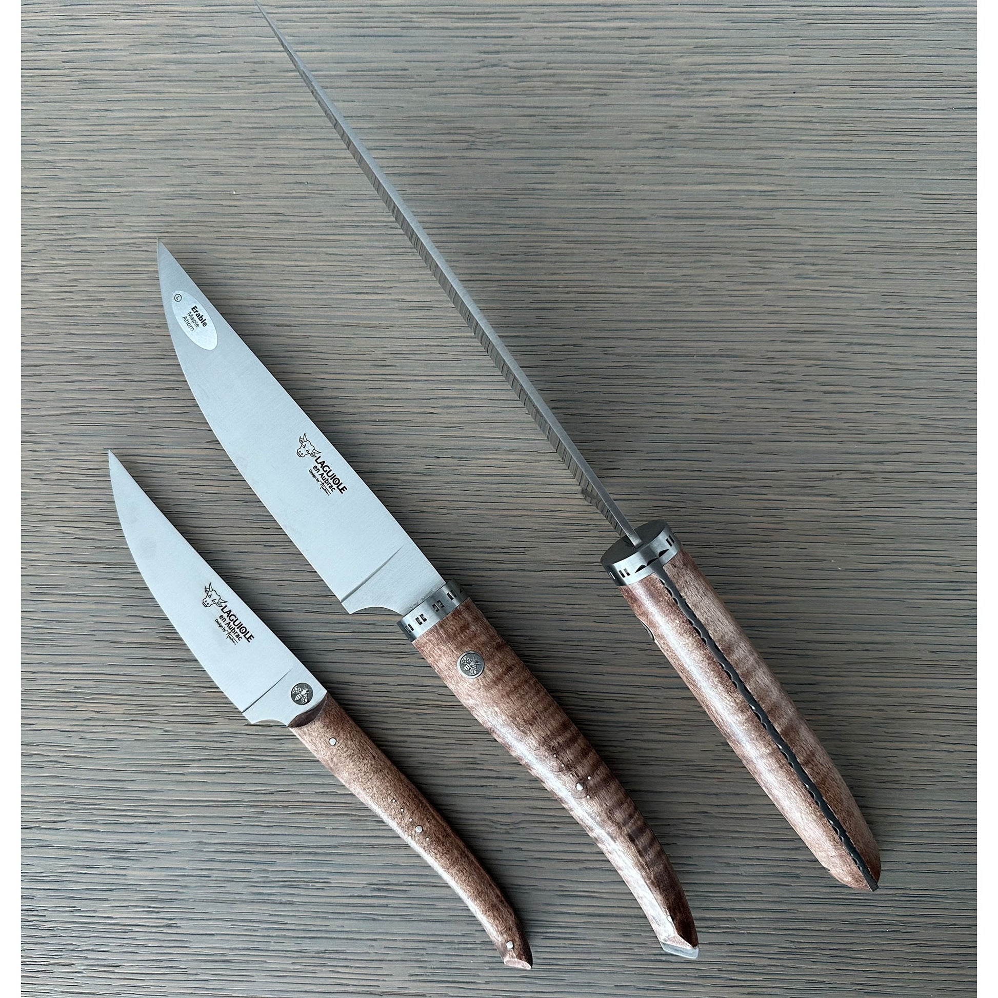 Laguiole en Aubrac Handcrafted Kitchen Knife Set, Wavy Maple Wood Tinted Handle - LaguioleEnAubracShop