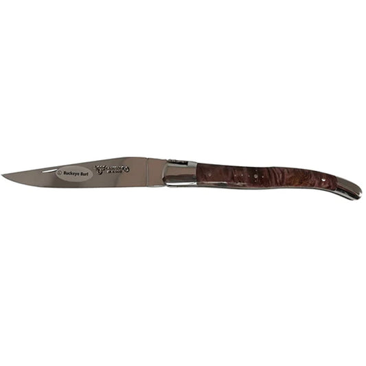 Laguiole en Aubrac Handcrafted Plates Multipurpose Knife, Wine Buckeye Burl Handle, 4.75 inches - LaguioleEnAubracShop