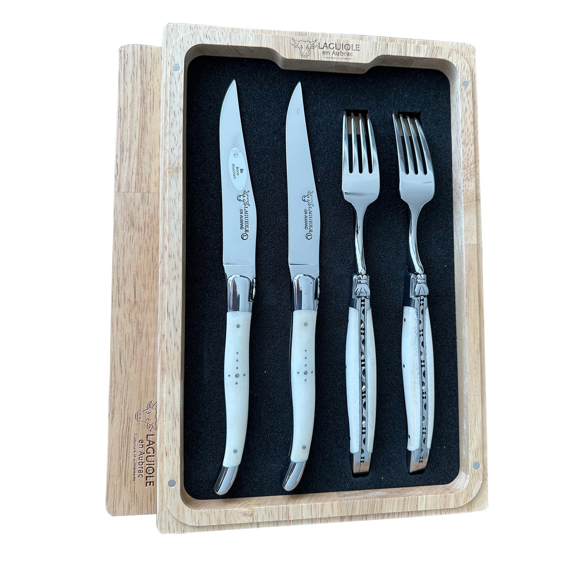 Laguiole en Aubrac Handcrafted Steak Knife & Fork Set, Zebu Bone Handle - LaguioleEnAubracShop