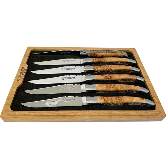 Laguiole en Aubrac Luxury Handcrafted Stainless Steel & Brass Double Plated 6-Piece Steak Knife Set with Juniper Wood Handles - LaguioleEnAubracShop