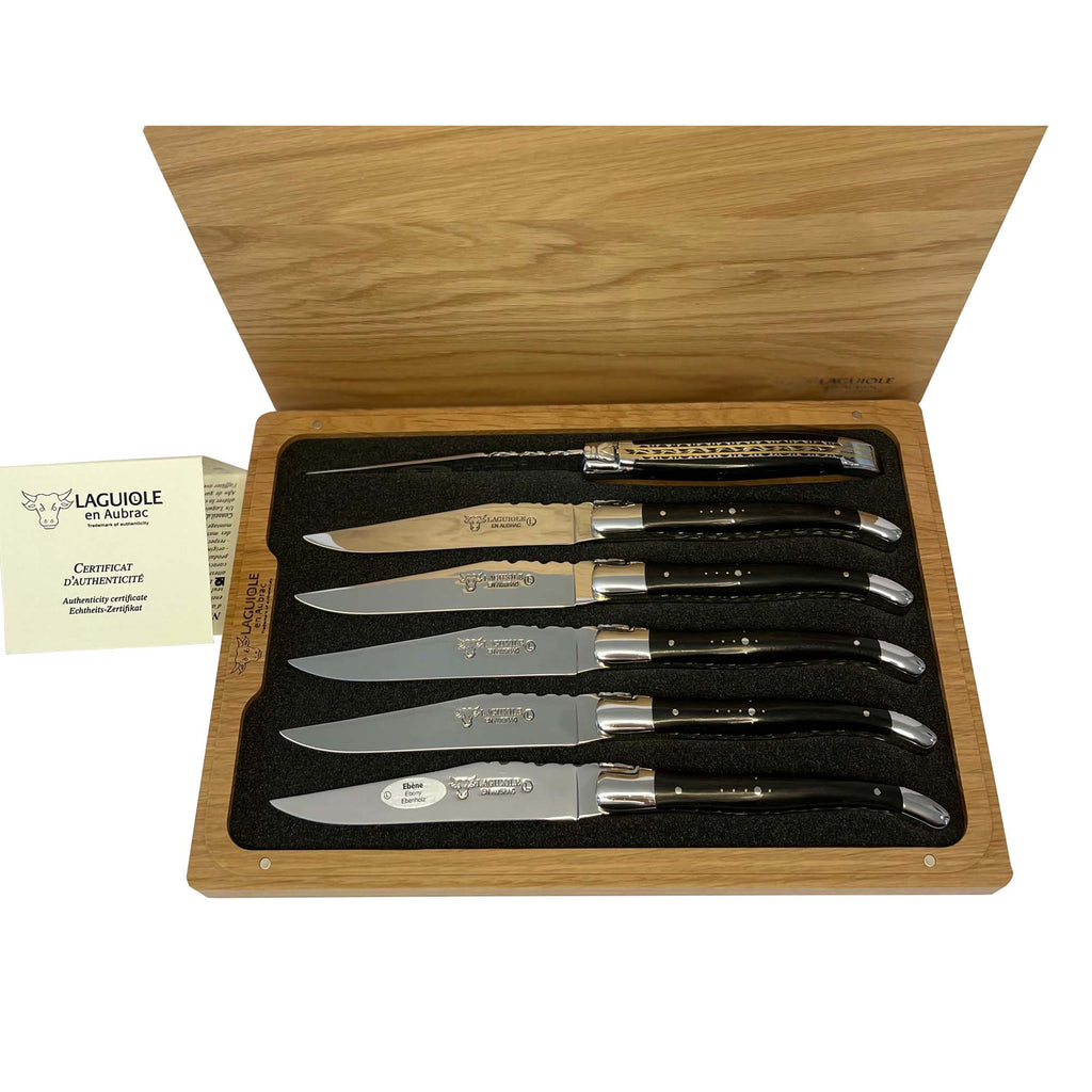 Laguiole en Aubrac Luxury Handcrafted Stainless Steel & Brass Double Plated 6-Piece Steak Knife Set with Ebony Wood Handles - LaguioleEnAubracShop