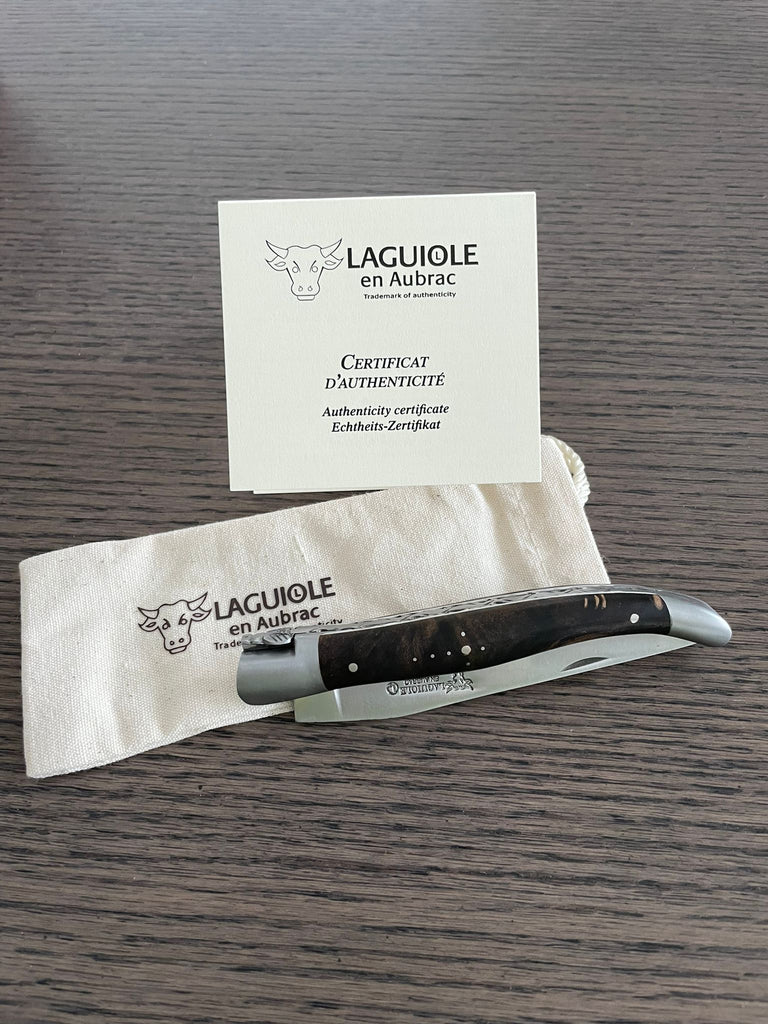 Laguiole en Aubrac Handcrafted Plated Multipurpose Knife, Blackened Poplar Wood Handle, 4.75-Inches - LaguioleEnAubracShop