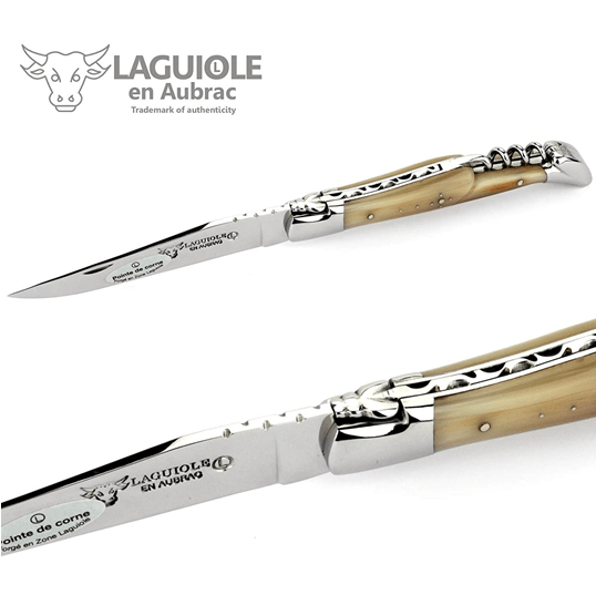 Laguiole en Aubrac Handcrafted Plated Multipurpose Knife with Corkscrew, Solid Horn Handle, 4.75 inches - LaguioleEnAubracShop