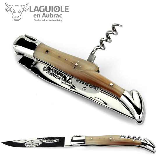 Laguiole en Aubrac Handcrafted Plated Multipurpose Knife with Corkscrew, Solid Horn Handle, 4.75 inches - LaguioleEnAubracShop
