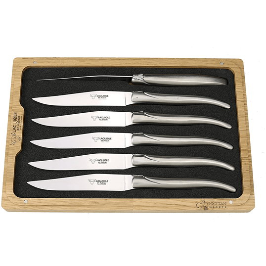 Laguiole en Aubrac Handcrafted 6-Piece Steak Knife Set with Matte Stainless Steel Handles - LaguioleEnAubracShop