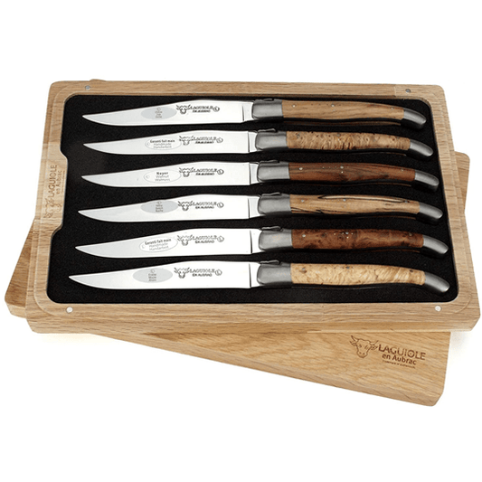 Laguiole en Aubrac Handcrafted Plated 6-Piece Steak Knife Set with Mixed European Wood Handles - LaguioleEnAubracShop