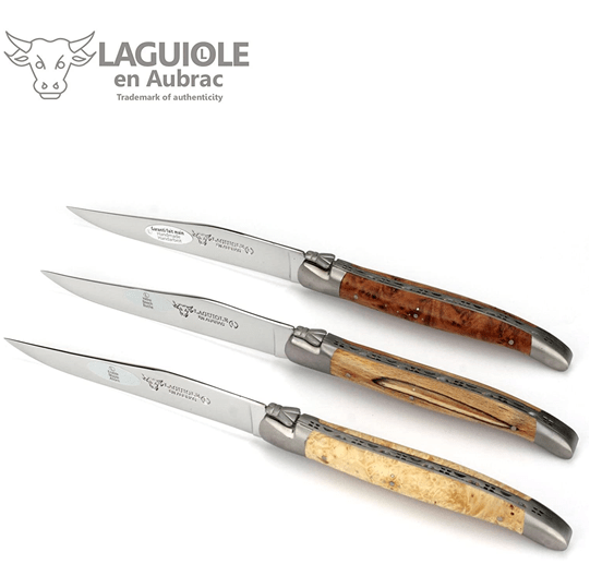 Laguiole en Aubrac Handcrafted Plated 6-Piece Steak Knife Set with Mixed European Wood Handles - LaguioleEnAubracShop