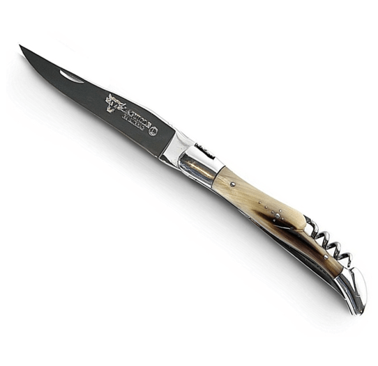 Laguiole en Aubrac Handcrafted Plated Multipurpose Knife with Shiny Bolsters, Corkscrew, Solid Horn Handle, 4.75 inches - LaguioleEnAubracShop