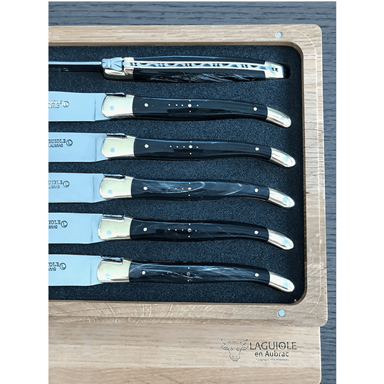 Laguiole en Aubrac Handcrafted Plated 6-Piece Steak Knife Set with Buffalo Horn Handles, Brass Bolsters - LaguioleEnAubracShop