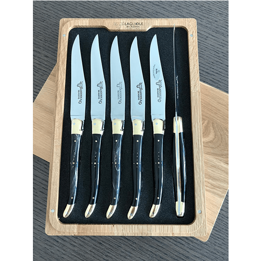 Laguiole en Aubrac Handcrafted Plated 6-Piece Steak Knife Set with Buffalo Horn Handles, Brass Bolsters - LaguioleEnAubracShop