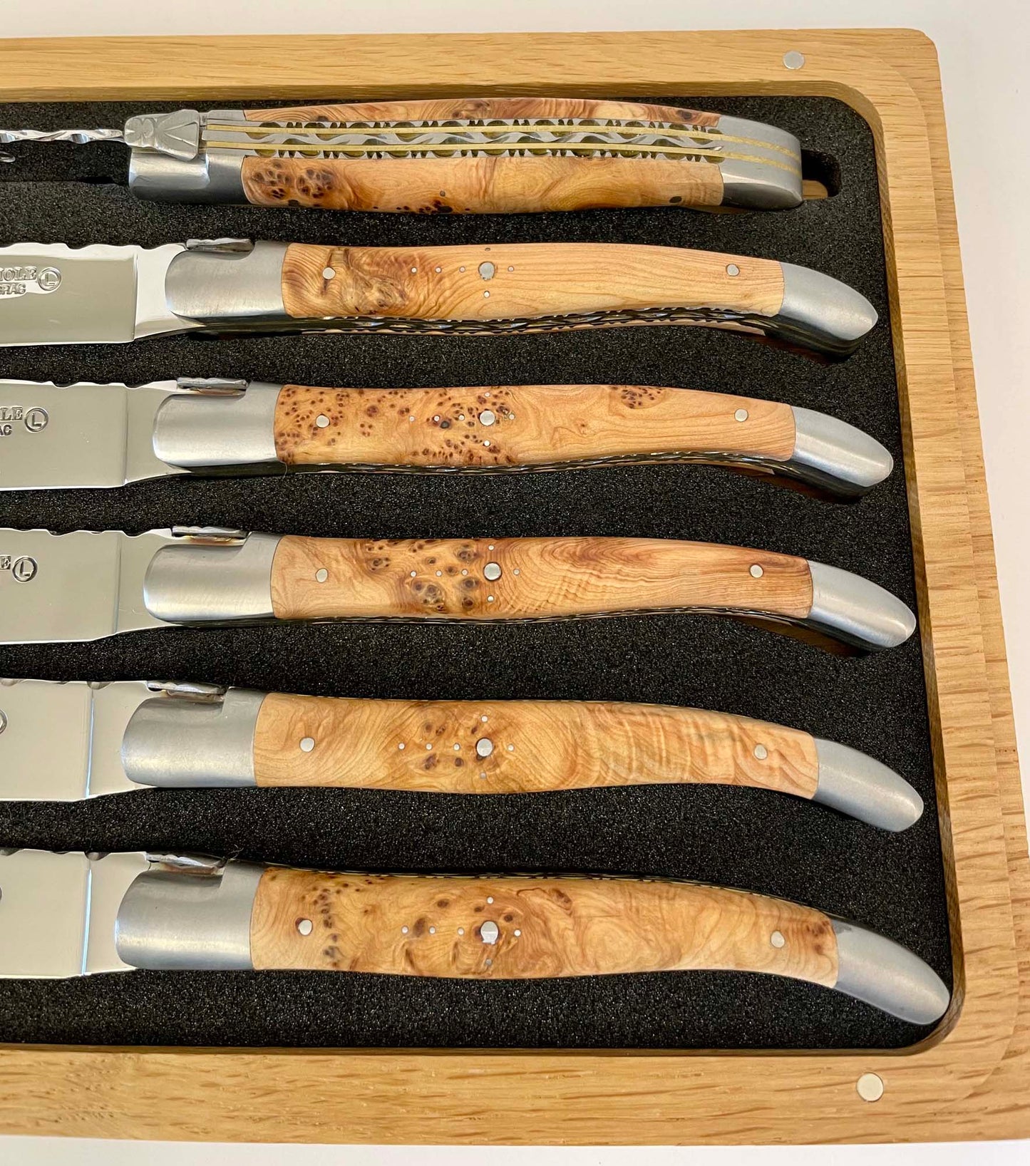 Laguiole en Aubrac Luxury Handcrafted Stainless Steel & Brass Double Plated 6-Piece Steak Knife Set with Juniper Wood Handles - LaguioleEnAubracShop