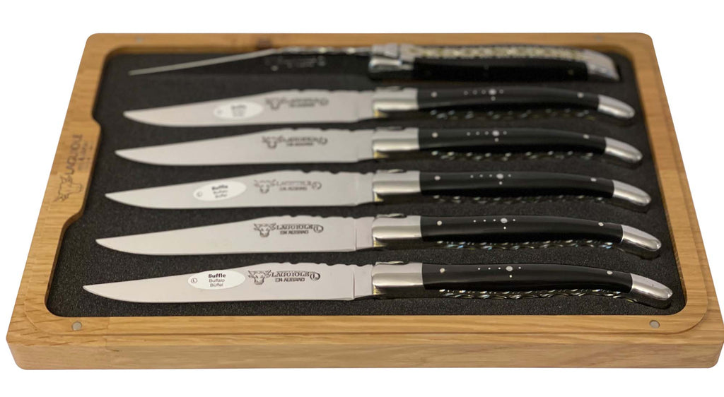 Laguiole en Aubrac Luxury Handcrafted Stainless Steel & Brass Double Plated 6-Piece Steak Knife Set with Buffalo Horn Handles - LaguioleEnAubracShop