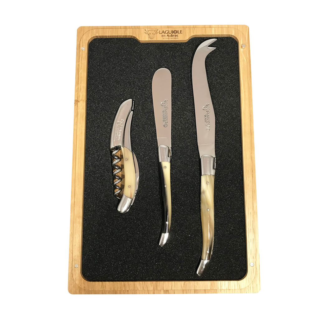 Laguiole en Aubrac Handcrafted 3-Piece Cheese Knife & Wine Set with Solid Horn Handles - LaguioleEnAubracShop