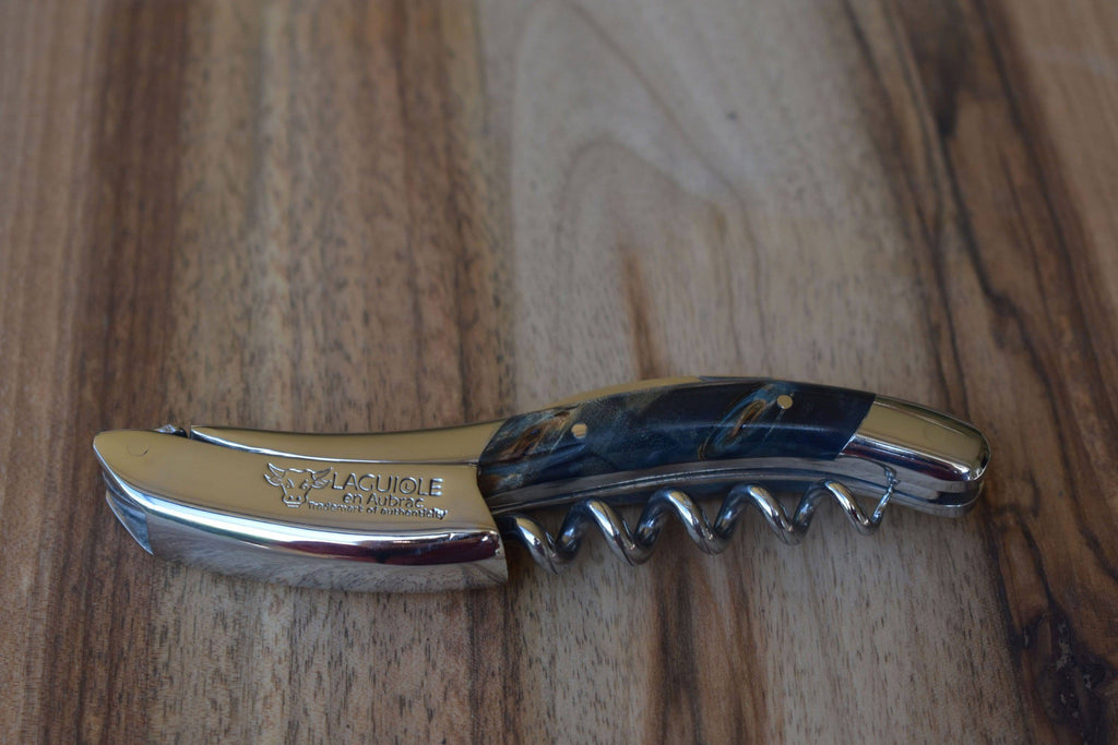 Laguiole en Aubrac Sommelier Waiter's Corkscrew with Chestnut Buckeye Burl Blue Handle, Polished Bolster - LaguioleEnAubracShop