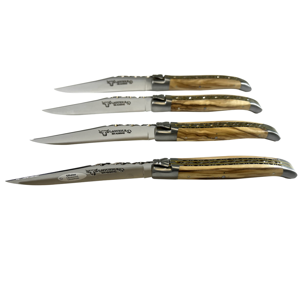 Laguiole en Aubrac Luxury Handcrafted Stainless Steel & Brass Double Plated 4-Piece Steak Knife Set with Olivewood Handles - LaguioleEnAubracShop