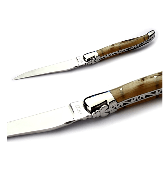 Laguiole en Aubrac Handcrafted Plated Multipurpose Knife with Shiny Bolsters, Ram's Horn Handle, 4.75 inches - LaguioleEnAubracShop