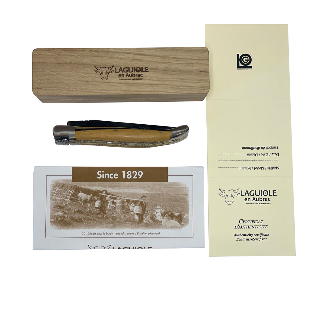 Laguiole en Aubrac Handcrafted Double Brass & Stainless Plates Multipurpose Knife, Royal Ebony Wood Handle, Raw Forged Blade, 4.75-Inches - LaguioleEnAubracShop