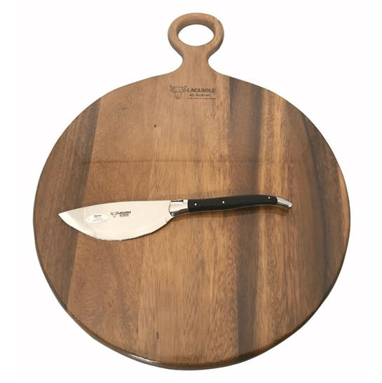 Laguiole en Aubrac Round Solid Maple Wood Cutting Board, 14-in, with Ebony Handle Pizza Cutter, 10-in - LaguioleEnAubracShop