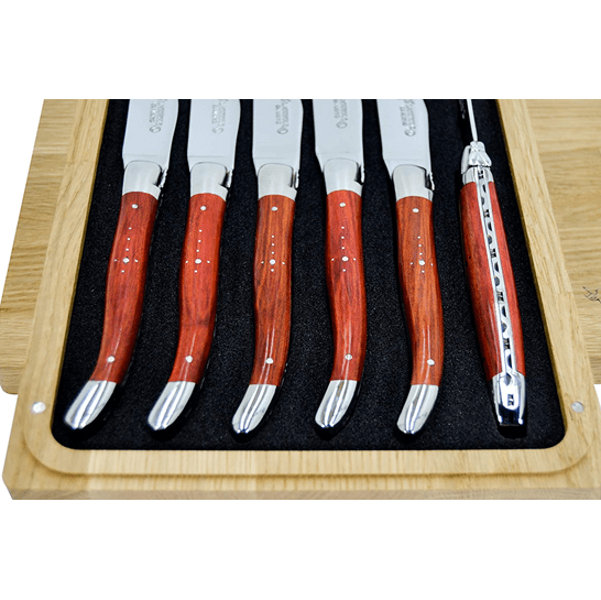 Laguiole en Aubrac Handcrafted Plated 6-Piece Steak Knife Set with Red Heart Wood Handles - LaguioleEnAubracShop