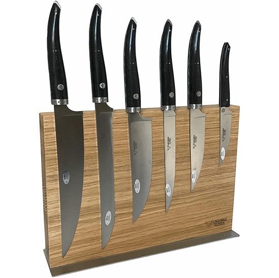 Laguiole en Aubrac Handcrafted Gourmet 7-Piece Kitchen Knife Set with Ebony Wood Handles, Magnetic Oak Block - LaguioleEnAubracShop