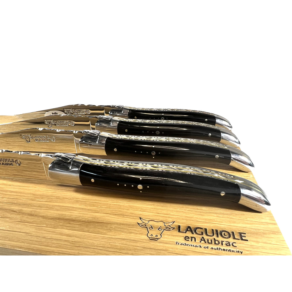 Laguiole en Aubrac Luxury Handcrafted Stainless Steel & Brass Double Plated 4-Piece Steak Knife Set with Buffalo Horn Handles - LaguioleEnAubracShop