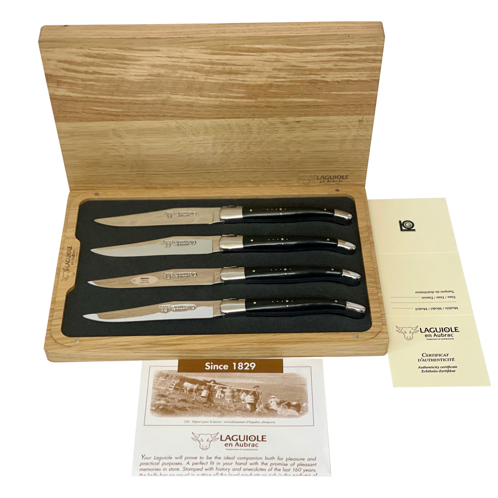 Laguiole en Aubrac Handcrafted Plated 4-Piece Steak Knife Set with Ebony Wood Handles, Polished Bolsters - LaguioleEnAubracShop