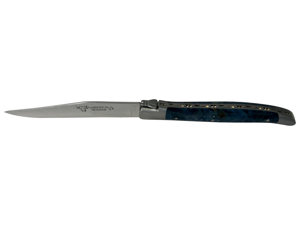 Laguiole en Aubrac Handcrafted Plated 4-Piece Steak Knife Set with Blue Poplar Burl Handles, Brushed Bolster - LaguioleEnAubracShop