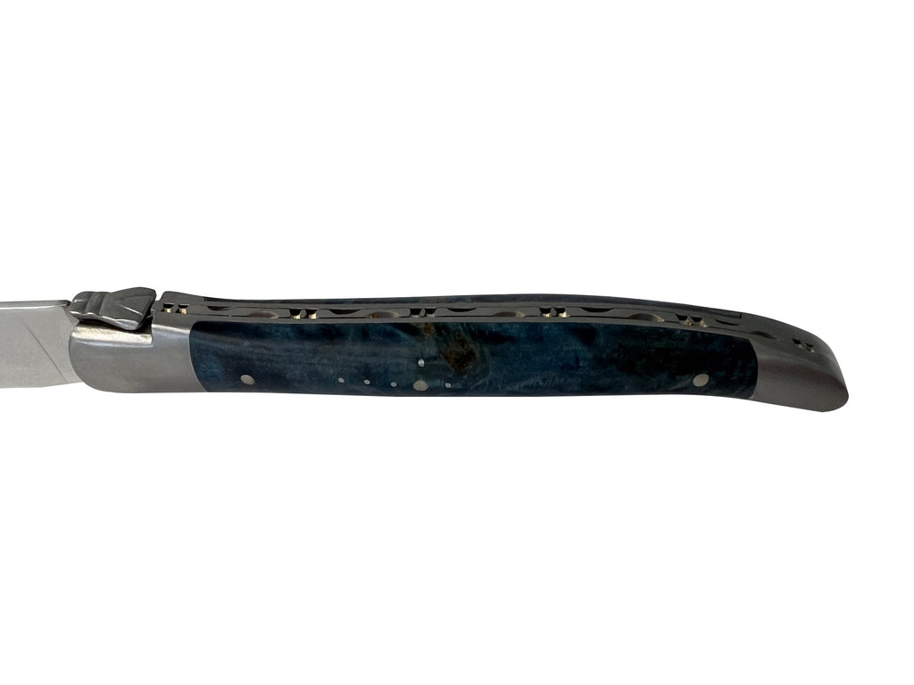 Laguiole en Aubrac Handcrafted Plated 4-Piece Steak Knife Set with Blue Poplar Burl Handles, Brushed Bolster - LaguioleEnAubracShop