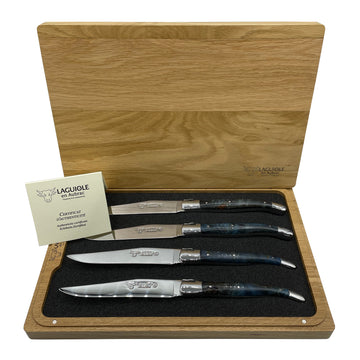 Laguiole en Aubrac Handcrafted Plated 4-Piece Steak Knife Set with Blue Poplar Burl Handles, Polished Bolster - LaguioleEnAubracShop
