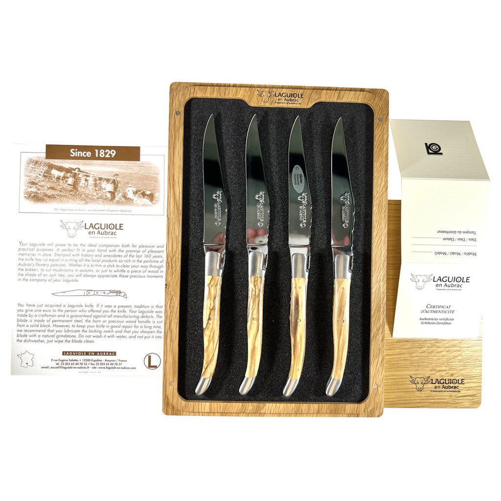 Laguiole en Aubrac Luxury Handcrafted Stainless Steel & Brass Double Plated 4-Piece Steak Knife Set with Olivewood Handles - LaguioleEnAubracShop