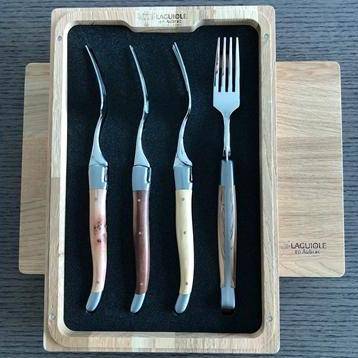 Laguiole en Aubrac Handcrafted Plated 4-Piece Fork Set with Mixed French Woods Handles - LaguioleEnAubracShop
