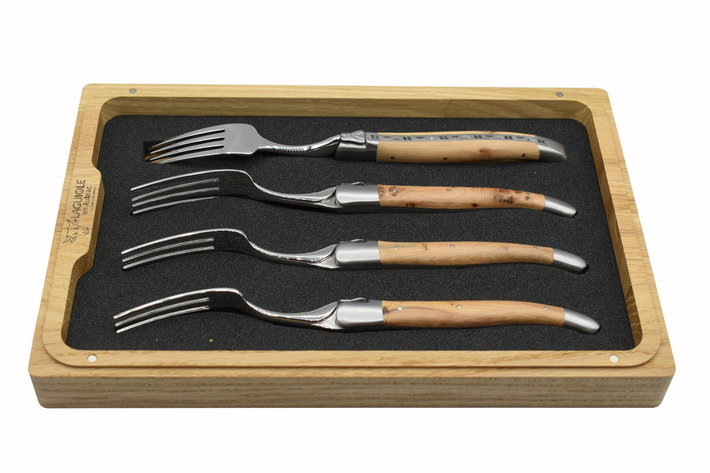 Laguiole en Aubrac Handcrafted Plated 4-Piece Fork Set with Juniper Wood Handles - LaguioleEnAubracShop