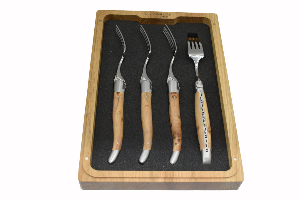 Laguiole en Aubrac Handcrafted Plated 4-Piece Fork Set with Juniper Wood Handles - LaguioleEnAubracShop