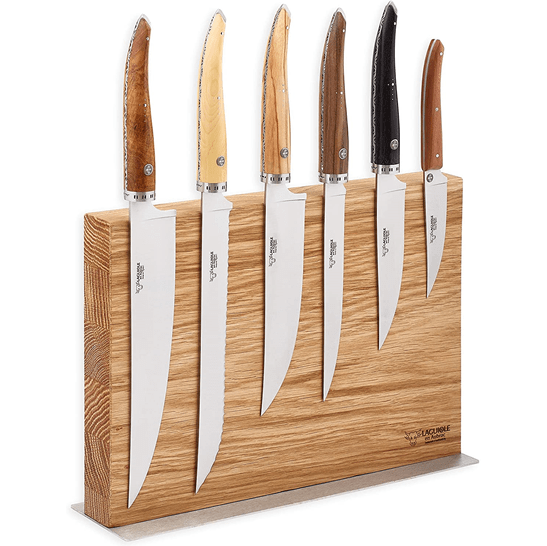 Laguiole en Aubrac Handcrafted Gourmet 7-Piece Kitchen Knife Set with Mixed Wood Handles, Magnetic Oak Block - LaguioleEnAubracShop