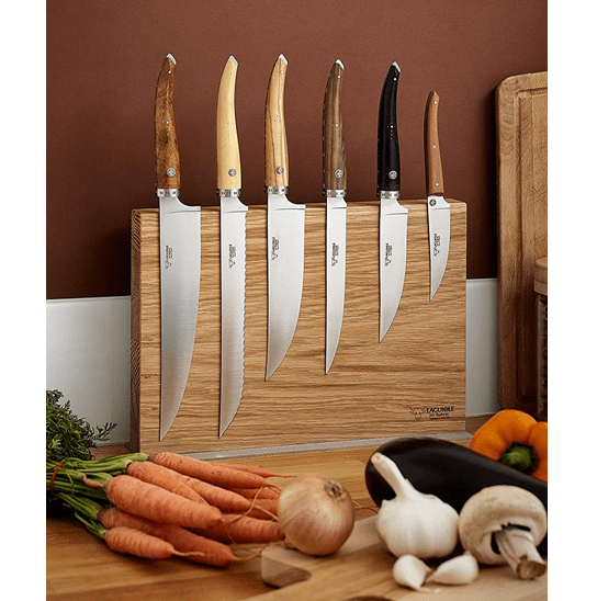 Laguiole en Aubrac Handcrafted Gourmet 7-Piece Kitchen Knife Set with Mixed Wood Handles, Magnetic Oak Block - LaguioleEnAubracShop