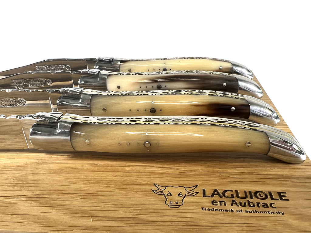 Laguiole en Aubrac Luxury Handcrafted Stainless Steel & Brass Double Plated 4-Piece Steak Knife Set with Solid Horn Handles - LaguioleEnAubracShop