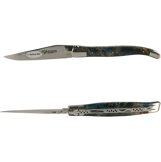 Laguiole en Aubrac Handcrafted Plated Multipurpose Knife, Buckeye Burl Blue Handle, 4.75 inches - LaguioleEnAubracShop