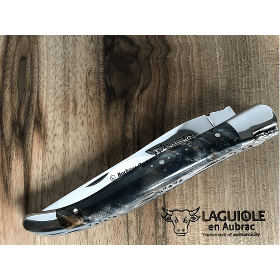 Laguiole en Aubrac Handcrafted Plated Multipurpose Knife, Buckeye Burl Blue Handle, 4.75 inches - LaguioleEnAubracShop