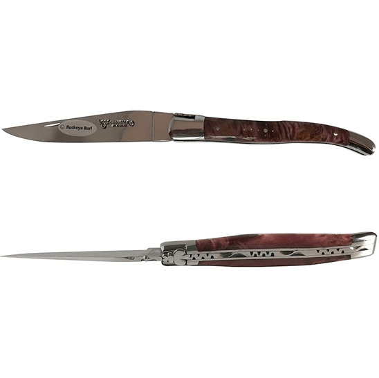 Laguiole en Aubrac Handcrafted Plated Multipurpose Knife, Wine Buckeye Burl Handle, 4.75 inches - LaguioleEnAubracShop