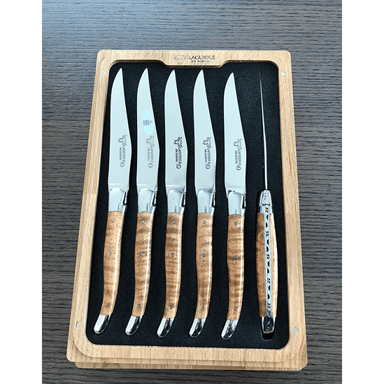Laguiole en Aubrac Handcrafted Plated 6-Piece Steak Knife Set with Wavy Maple Wood Handles - LaguioleEnAubracShop