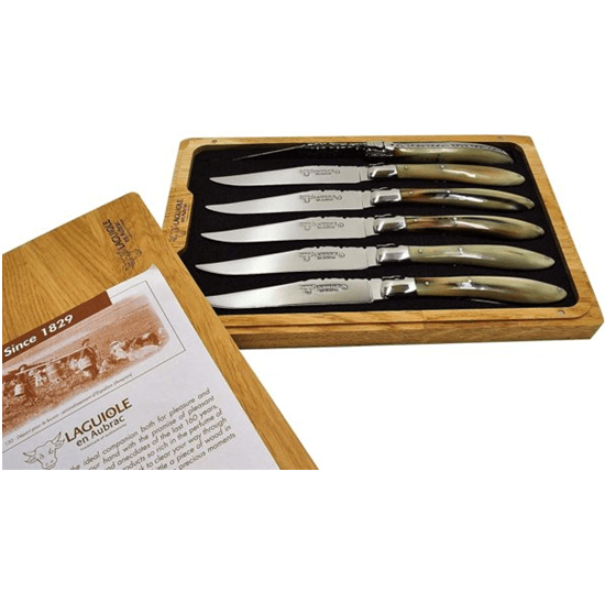 Laguiole en Aubrac Handcrafted Plated 6-Piece Steak Knife Set with Full Solid Horn Handles - LaguioleEnAubracShop