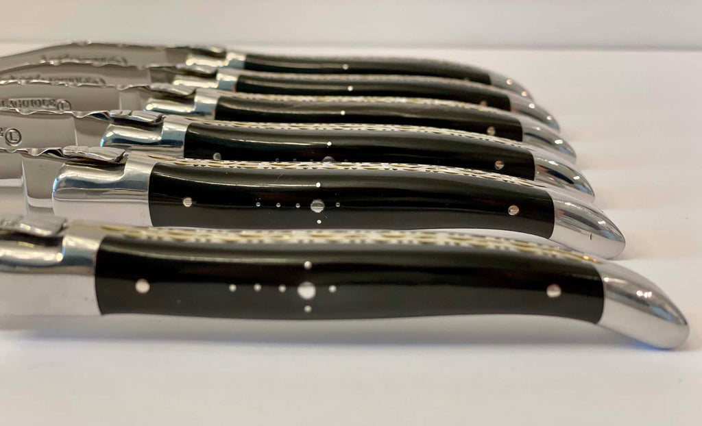 Laguiole en Aubrac Luxury Handcrafted Stainless Steel & Brass Double Plated 6-Piece Steak Knife Set with Buffalo Horn Handles - LaguioleEnAubracShop
