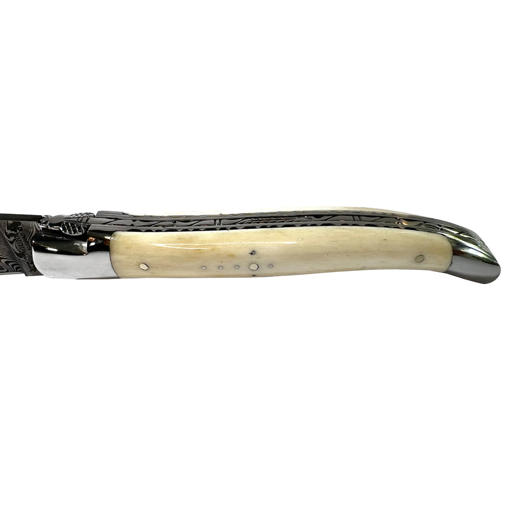 Laguiole en Aubrac Handcrafted Multilayer Damascus Double Plated Multipurpose Knife with Bone Handle, 4.75-Inches - LaguioleEnAubracShop