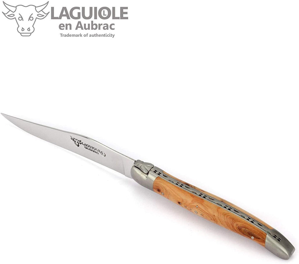 Laguiole en Aubrac Set of 4 Handcrafted French Steak Knives and 4 Forks with Juniper Wood Handles - LaguioleEnAubracShop