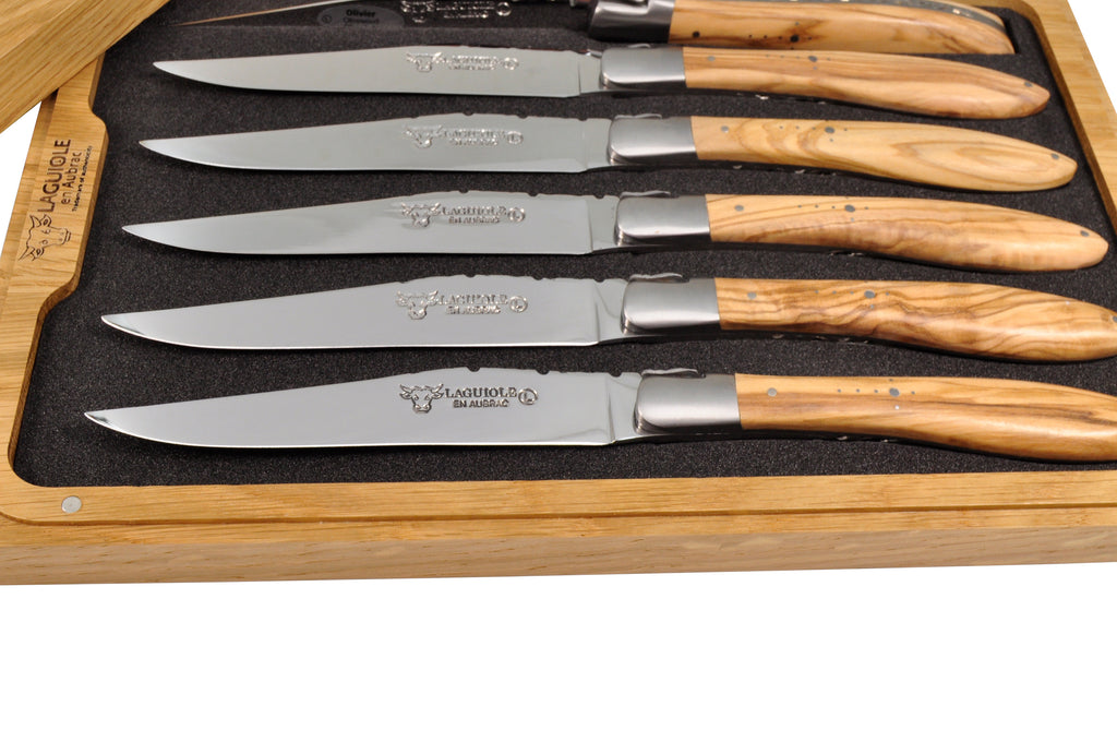 Laguiole en Aubrac Handcrafted Plated 6-Piece Steak Knife Set With Olivewood Handles - LaguioleEnAubracShop