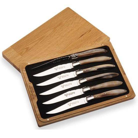 Laguiole en Aubrac Handcrafted Plated 6-Piece Steak Knife Set with Full Solid Horn Handles - LaguioleEnAubracShop