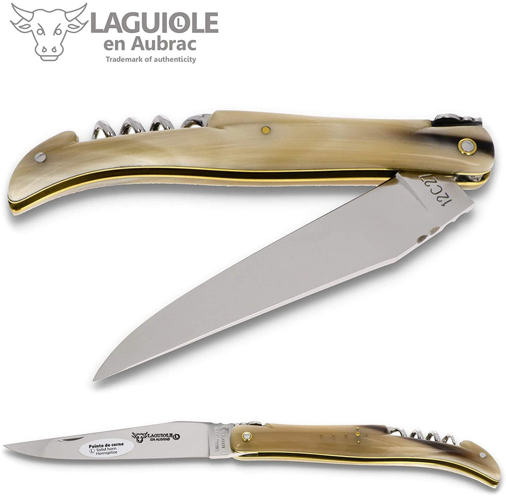 Laguiole en Aubrac Handcrafted Plated Multipurpose Knife, Full Solid Horn Handle with Corkscrew, 4.75 inches - LaguioleEnAubracShop