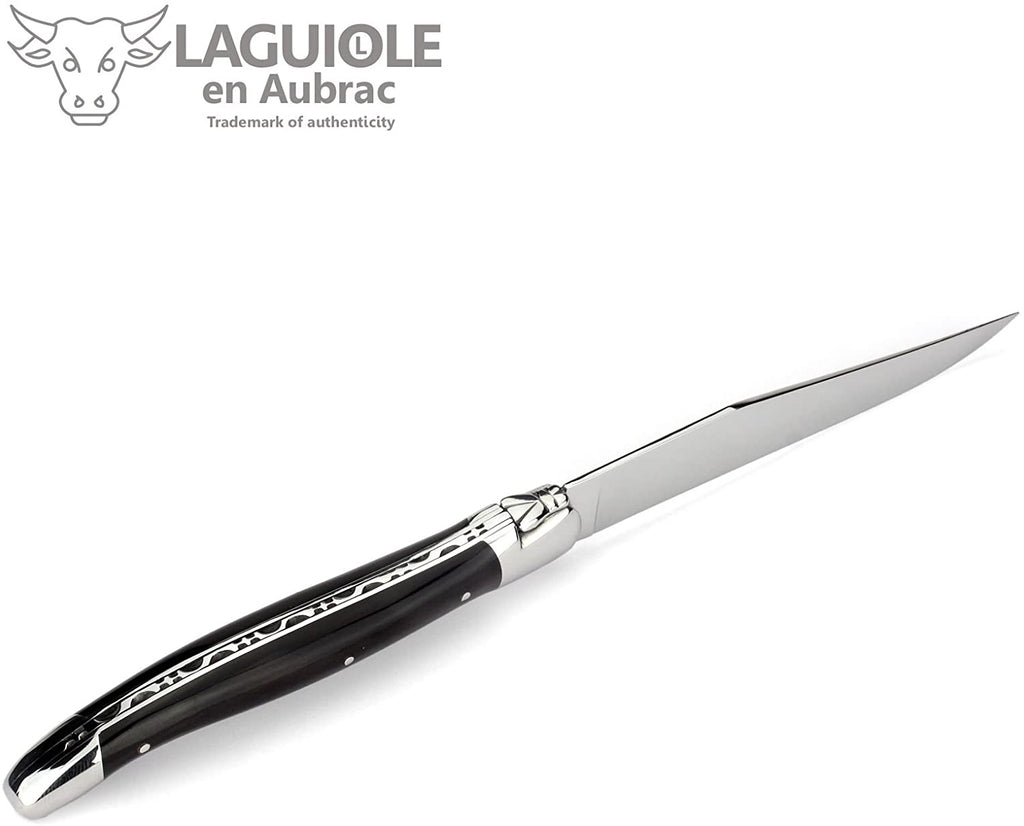 Laguiole en Aubrac Set of 2 Handcrafted French Steak Knives and 2 Forks with Buffalo Horn Handles - LaguioleEnAubracShop