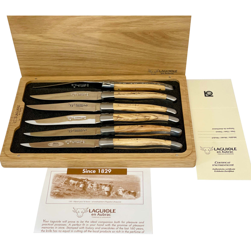 Laguiole en Aubrac Handcrafted Plated 6-Piece Steak Knife Set with Olivewood Handles - LaguioleEnAubracShop