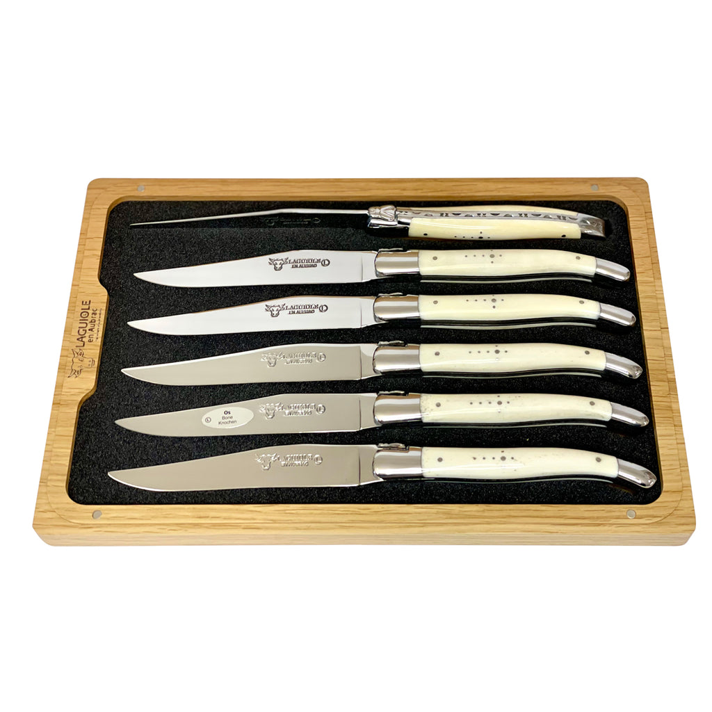 Laguiole en Aubrac Handcrafted Plated 6-Piece Steak Knife Set with Bone Handle - LaguioleEnAubracShop